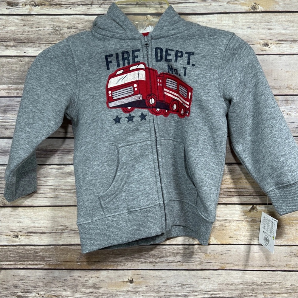 Boys Fire Dept Zip Hoodie Gray Red Firetruck Sweatshirt Jacket Sz 24 M NWT kohls